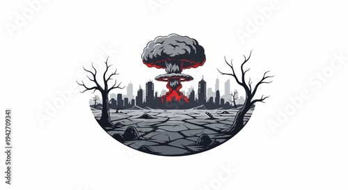 Nuclear explosion over a desolate city with bare trees