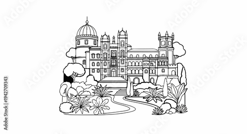 Ornate palace with domed roofs and towers, surrounded by lush gardens and trees