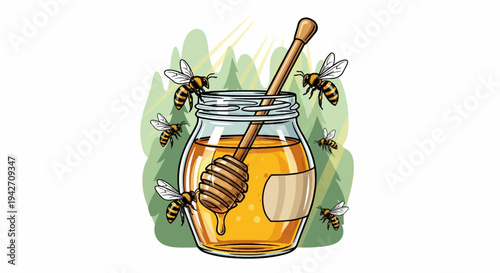 Jar of honey with bees flying around a wooden dipper