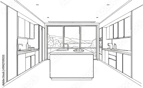 Modern kitchen with island and large windows overlooking scenic landscape