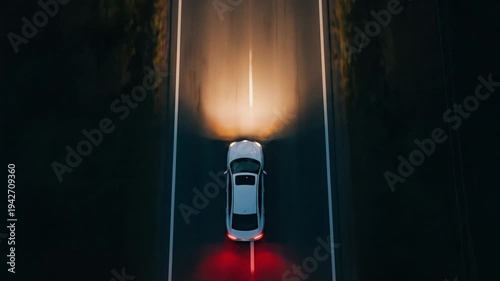 Aerial drone shot of a white car driving on a dark road at night, headlights illuminate the path
