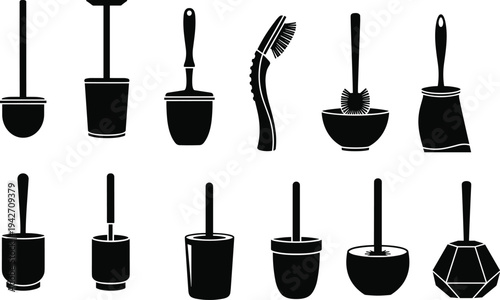 Black and white silhouette vector icon set of toilet brush cleaners and holders for bathroom hygiene and domestic sanitary maintenance.