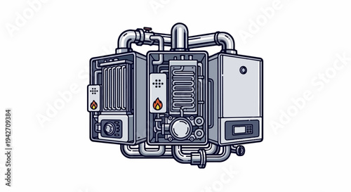 Detailed illustration of a modern home heating unit with internal components exposed