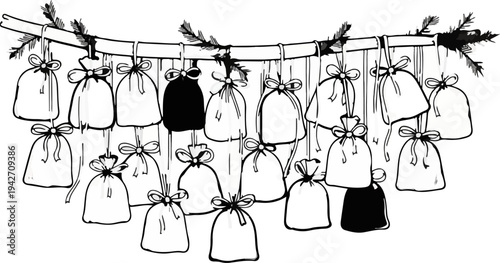 Festive bags and pine branches suspended on a line against a white background