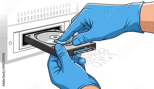 Hands in blue gloves install a computer hard drive into a bay