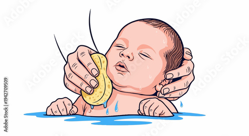 Gentle sponge bath for a baby in blue water