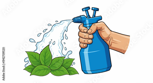 Hand spraying water onto fresh green leaves from a blue bottle