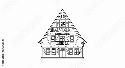 Detailed architectural drawing of a traditional timber-framed house with a steep roof