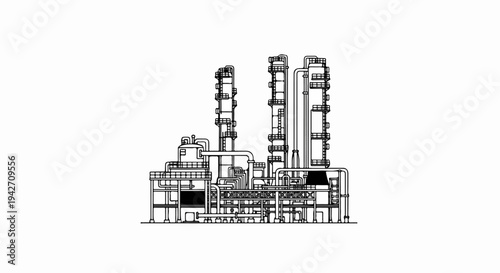 Schematic drawing of a complex industrial plant with multiple towers and piping