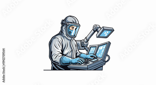 Scientist in protective suit operating complex computer console with screens