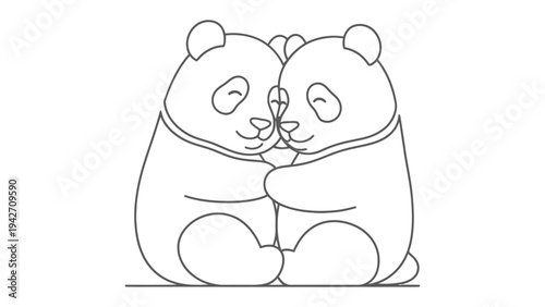 Pandas' Embrace: Two pandas share a tender moment, embracing with affection and companionship. A simple and heartwarming illustration that symbolizes unity and friendship.