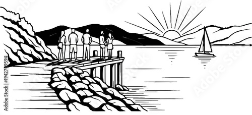 People on dock watch sailboat at sunset by rocky shore