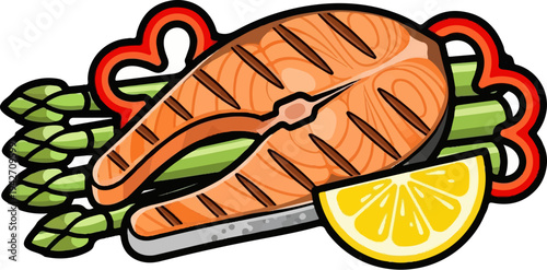Grilled salmon steak with asparagus, bell pepper, and lemon slice