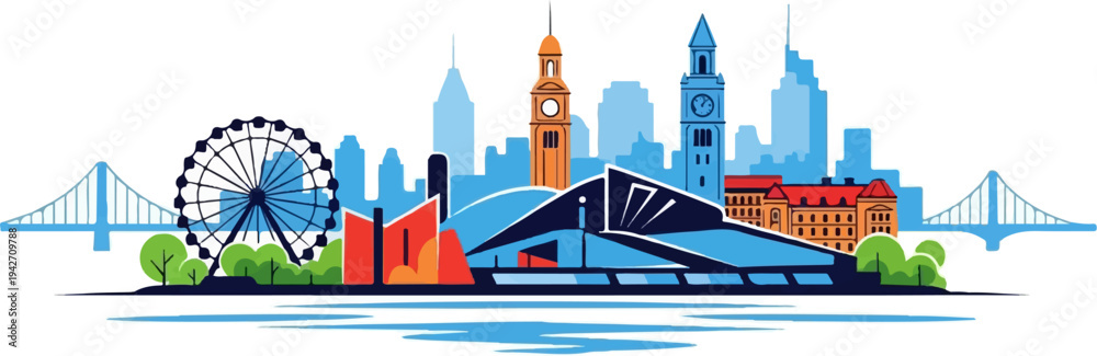 Obraz premium Stylized cityscape with Ferris wheel, bridges, and diverse architectural styles