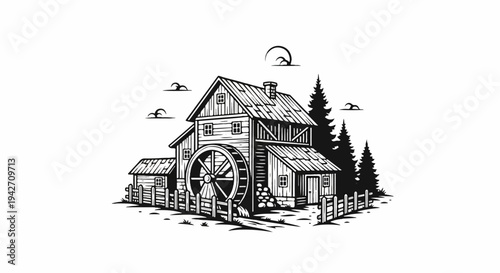 Rustic wooden mill with water wheel and surrounding trees under a crescent moon