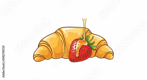 Golden croissant with fresh strawberry drizzled in honey