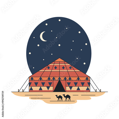Desert Tent Under Starry Night Sky with Camels.
