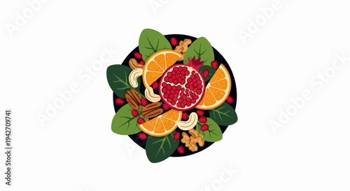 Round arrangement of fruit and nuts with spinach leaves on a black background