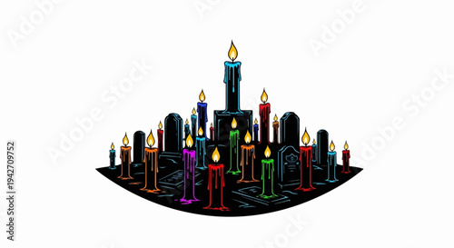 Colorful candles flicker around gravestones, creating a vibrant Halloween scene