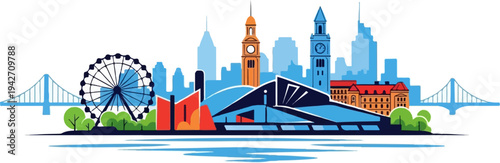 Stylized cityscape with Ferris wheel, bridges, and diverse architectural styles