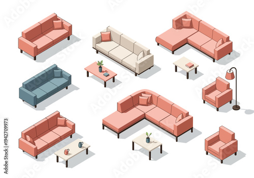 Isometric set of modern sofas, armchairs and coffee tables for interior design
