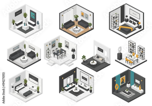 Collection of isometric 3D interior design mockups and room layouts for modern living spaces