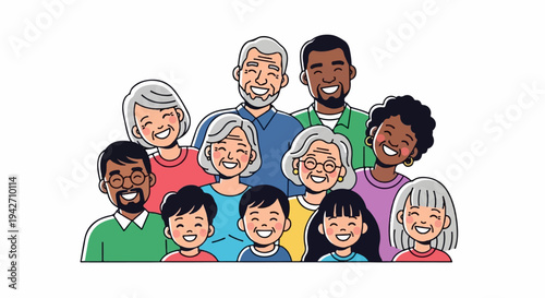 Diverse cartoon family portrait with smiles and varied ages and ethnicities