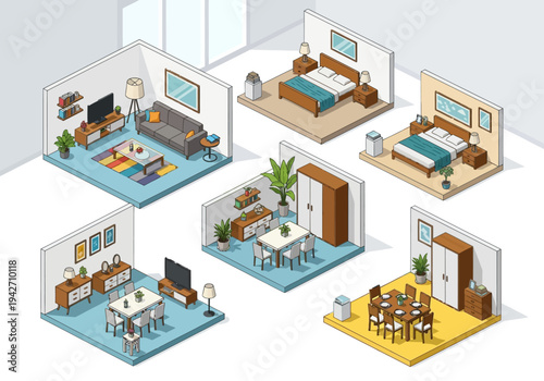 Collection of Isometric Furniture Arrangements for Living Rooms, Bedrooms, and Dining Areas