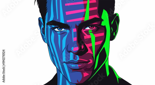 Intense gaze captured in vibrant pixelated portrait, split by neon light