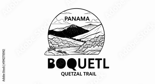 Stylized illustration of mountains, river, and vegetation in Panama