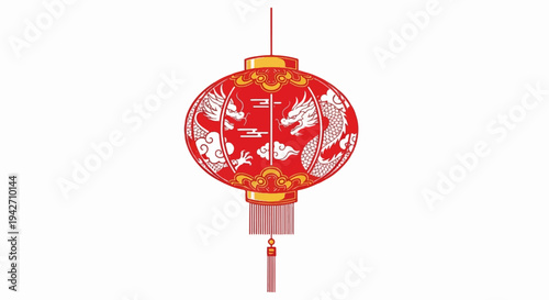 Intricate red lantern with gold accents, featuring white dragons and clouds design