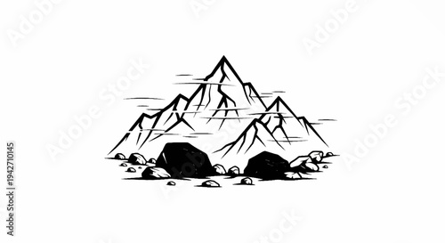 Stylized ink drawing of jagged mountains and rocks against a white background