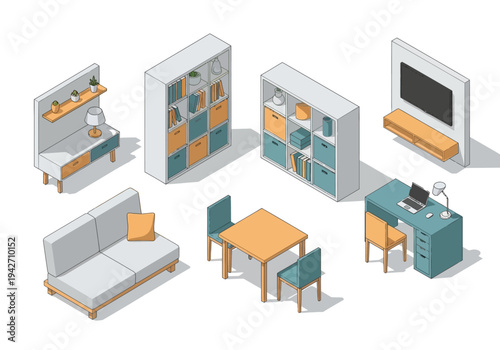 Isometric furniture set for home and office spaces, featuring sofa, desk, table, and shelving units
