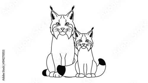 Lynx Portrait: A detailed illustration of two lynx, a mother and cub, sitting closely together. Capturing the close bond between them and wildlife