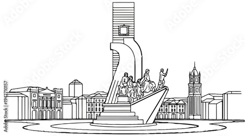 City skyline with a prominent monument featuring figures and architectural structures