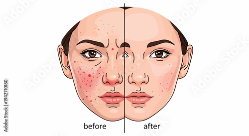 Split face illustration showing skin before and after acne treatment, highlighting transformation