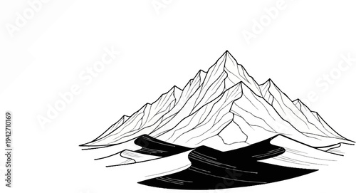 Jagged mountain peaks rise above rolling desert dunes, rendered in monochrome