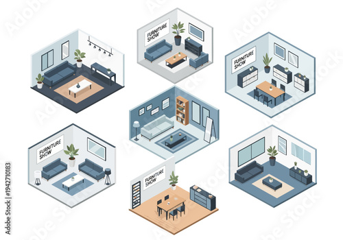 Collection of isometric rooms showcasing modern furniture arrangements and interior design concepts
