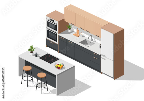 Modern isometric kitchen with island, oven, and cabinets, a clean and functional living space design