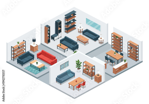 Isometric illustration of a modern living room and dining area furnished with stylish sofas, tables, and shelves