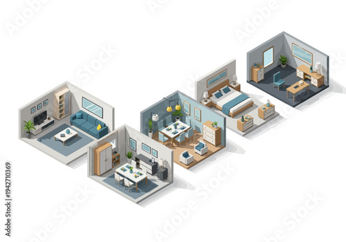 Isometric 3D renderings showcasing various furnished rooms including bedroom, office, and living room setups