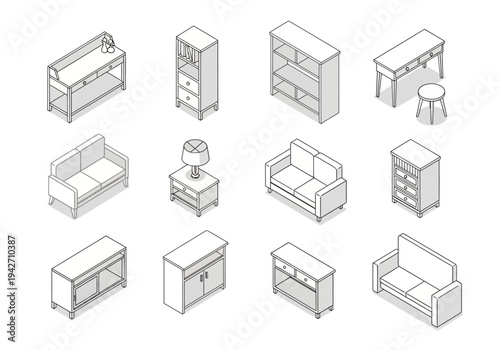 Collection of isometric furniture icons, including sofas, tables, and cabinets, ideal for interior design and architectural visualizations