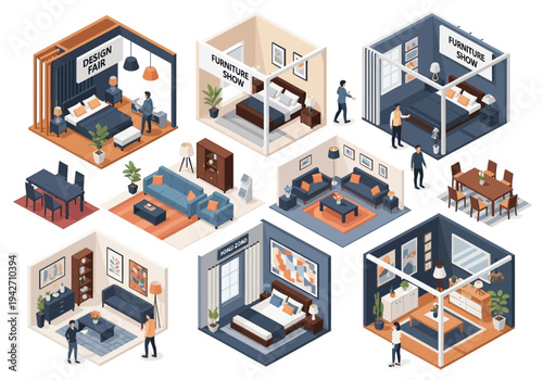 Isometric 3D illustrations of furniture showrooms and interior design exhibitions