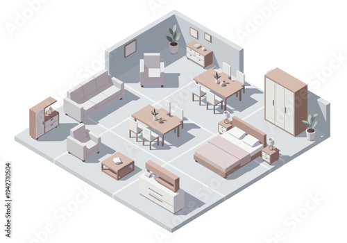 Isometric living room and bedroom furniture arrangement for modern home decor