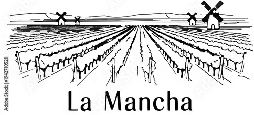 Stylized sketch of vineyards with windmills and figures under rolling hills