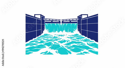 Stylized illustration of a canal lock with rushing water