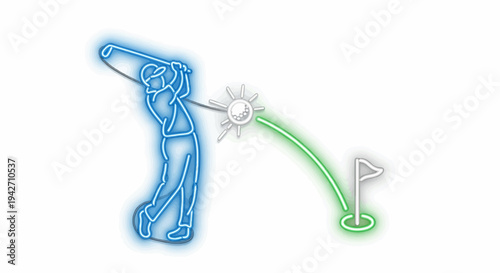 Neon golfer swings club, hitting ball towards hole with flag