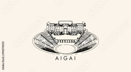 Stylized illustration of an ancient amphitheater with a temple facade