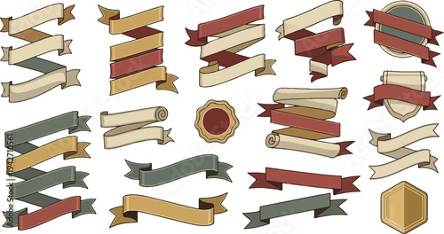 Collection of decorative banners, ribbons, and emblems in vintage colors