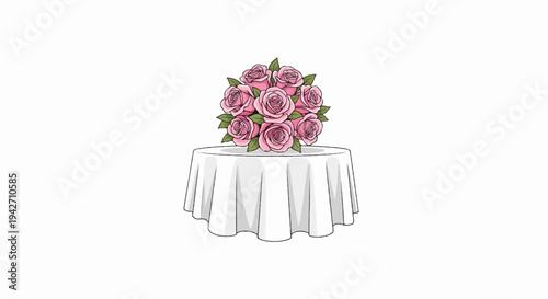 Bouquet of pink roses on a round white tablecloth